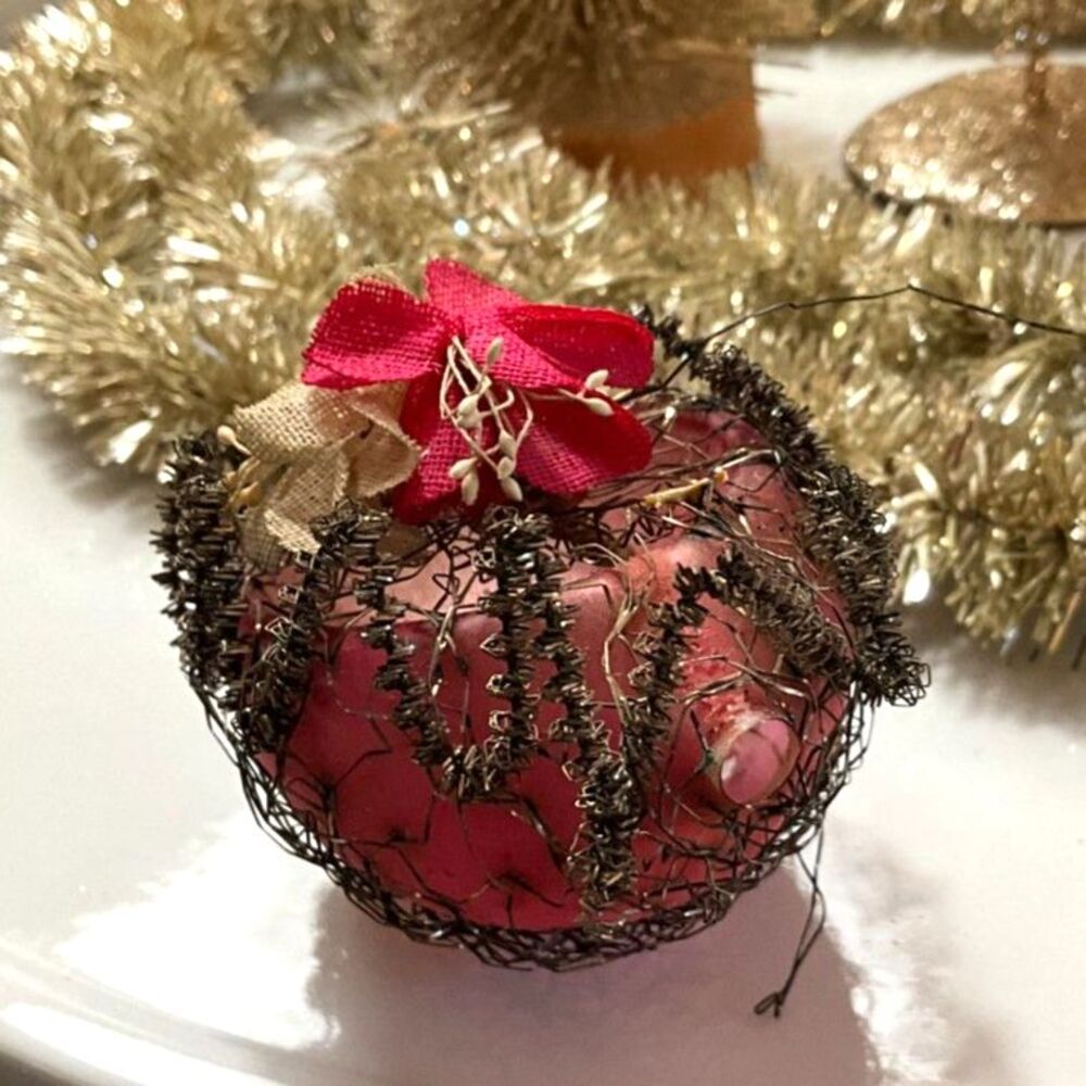 Antique German Pink Glass Christmas ornament Bouillon Wire Cage Victorian